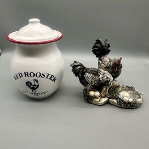 Farmhouse White Jar with Red Trim and Rooster Design